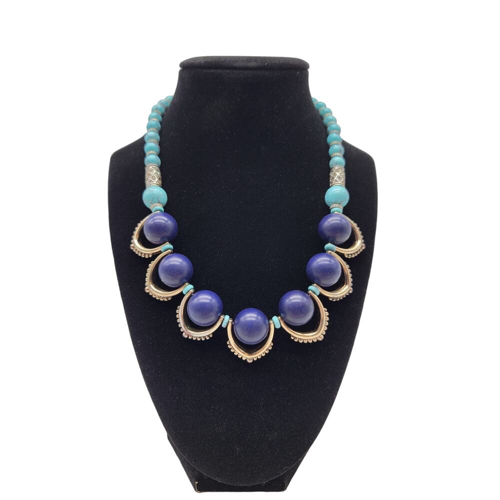 Faux Turquoise Ball Beaded Chunky Statement Necklace Lobster Closure Bold